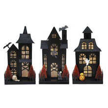 Pre-lit metal Halloween houses set of 3, front view with skull and RIP grave details