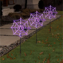 Pre-lit spiderweb lawn stakes set of 3 with purple LED web lights and black spider