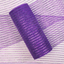 Purple mesh ribbon roll with fine grid texture and scattered glitter threads.
