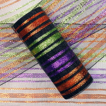 Mesh ribbon roll with black, green, and orange striped glitter edging.