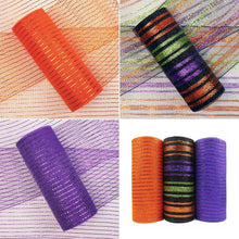 Assorted mesh ribbon rolls in orange, black, and purple with glitter stripes.