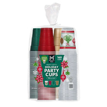 Holiday party cups pack, 18 oz, with red, green, gold and beige designs