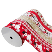 Wired ribbon roll in red with snowmen, plaid, and decorative border stripes