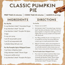 Classic pumpkin pie recipe label with cook time, ingredients, and directions.