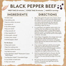 Black pepper beef recipe card with ingredients list and directions