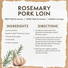 Rosemary pork loin recipe card with ingredients and directions