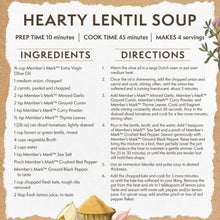Hearty lentil soup recipe card with ingredients and directions for Member's Mark salt-free curry
