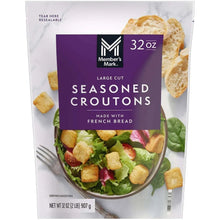 Seasoned croutons pouch showing large cut croutons and a serving bowl, 32 oz