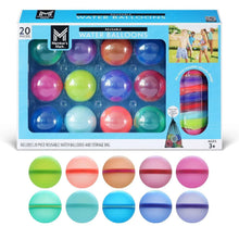 Water balloon set box showing 20 reusable balloons and mesh storage bag