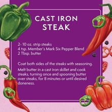 Cast Iron Steak directions card listing seasoning amounts and cooking steps.