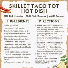 Skillet taco tot hot dish recipe card with ingredients and directions