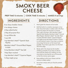 Recipe card for smoky beer cheese with ingredients and cooking directions