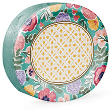 Floral oval paper plate with green rim and yellow patterned center
