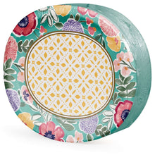 Floral oval paper plate with green floral border and yellow patterned center