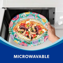 Floral oval paper plate holding pizza