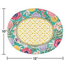 Floral oval paper plate, green border with yellow patterned center, 10x12 in