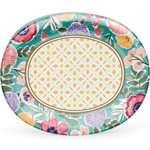 Floral oval paper plate with green rim and yellow patterned center