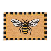 Coir doormat with centered bee graphic and black-and-yellow checker border