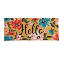 Coir doormat with floral design and centered “Hello” text