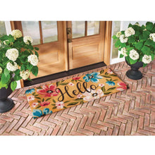Coir doormat with colorful floral pattern and “Hello” lettering