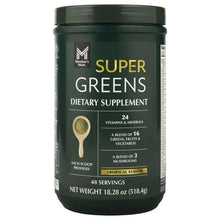 Dietary supplement powder jar front label, 'Super Greens' with tropical flavor and 48 servings