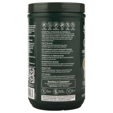 Green dietary supplement powder tub back panel with ingredient and probiotic blend text