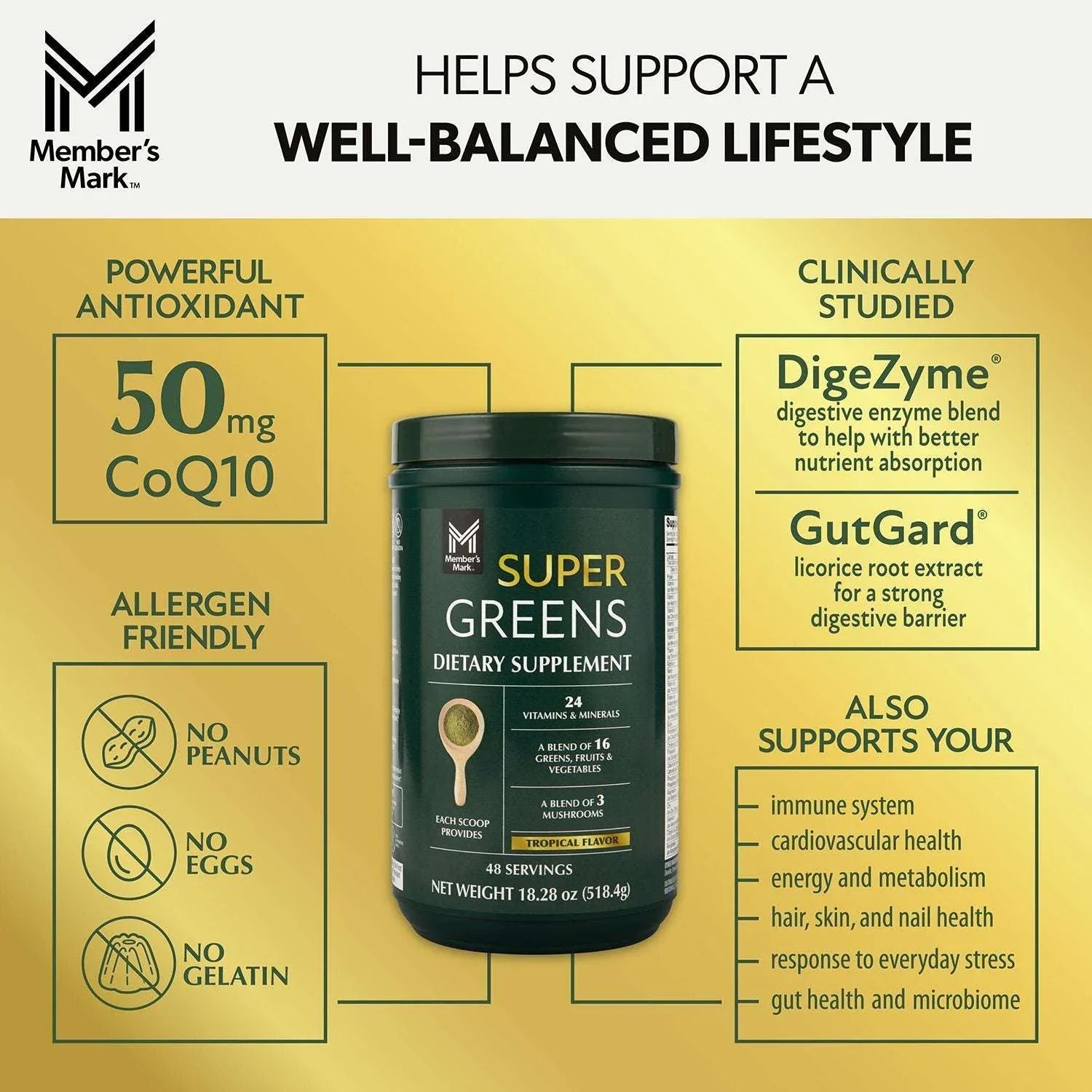 Member's Mark Super Greens Powder, Tropical Flavor, 18.28 Ounces, 48 Servings - USA MEGA SHOP