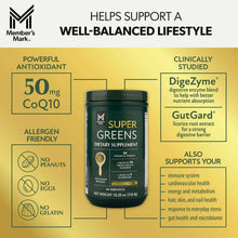 Yellow product benefits panel featuring a green supplement tub and benefit icons