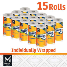 Individually wrapped 15-roll pack of 2-ply paper towels with orange labels