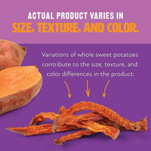 Sweet potato fries dog treats bag with sweet potato pieces and note about variation