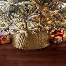 Gold textured metal tree collar with ridged diamond pattern and rounded rim