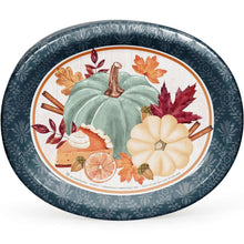 Thanksgiving oval paper plate with teal rim and pumpkin, turkey, leaf illustration