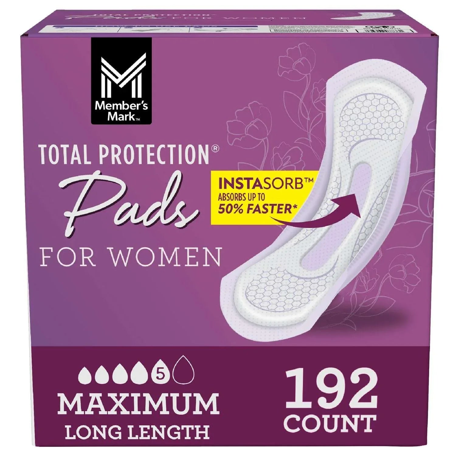 Member's Mark Total Protection Maximum Long Pads, 5 Drop, 192 ct. - USA MEGA SHOP