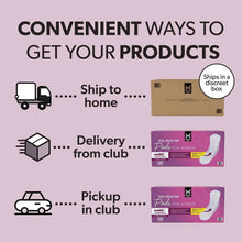 Long pads package shown with inset boxes and delivery pickup icons