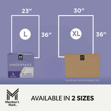 Underpads available in 2 sizes chart showing L and XL dimensions.