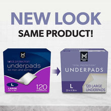 Underpads package change graphic showing large L size and 120 underpads.