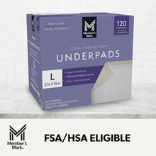 Member's Mark Total Protection Underpads box, 120 underpads for 23 in x 36 in.