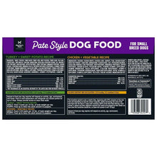 Pate style dog food back panel with ingredients, analysis, and barcode