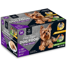Pate style dog food variety pack box with small-breed dog photo and graphics