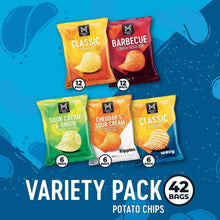 Potato chip variety pack with 6 flavor bags arranged on display