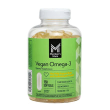 Vegan Omega-3 dietary supplement softgel bottle with green label, 150 count