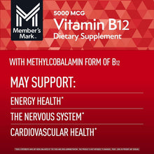 Vitamin B12 dietary supplement label with methylcobalamin form and health support claims.