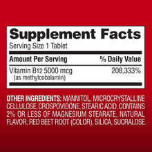 Supplement Facts label for Vitamin B12 5000 mcg, serving size 1 tablet.