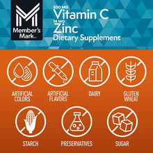 Vitamin C and Zinc supplement icons: no artificial colors, flavors, dairy, gluten, preservatives