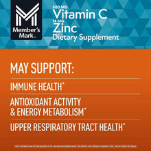Vitamin C and Zinc dietary supplement back panel with May support immune health claims