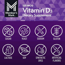 Vitamin D3 label with ingredient-free icons for sugar, yeast, sodium, gluten, lactose, soy.