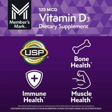 Vitamin D3 label with USP Verified badge and bone health, immune health, muscle health icons.