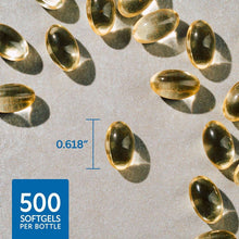 Golden oval softgels with size marker and “500 softgels per bottle” text
