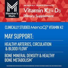 Vitamin K2 + D3 supplement label with clinically studied support for arteries and blood flow