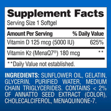 Supplement Facts label with serving size 1 softgel and vitamin D3 and K2 amounts